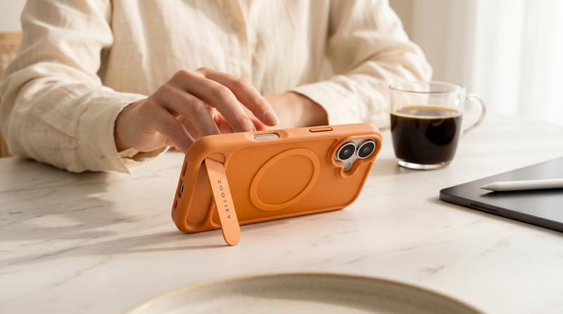 Frostand – Orange Frosted MagSafe Case Cover with Kickstand for iPhone 17 mobile banner 1
