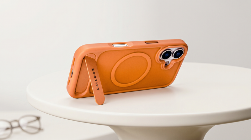Frostand – Orange Frosted MagSafe Case Cover with Kickstand for iPhone 17 mobile banner 2
