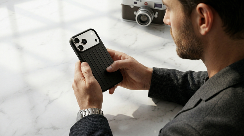 Ridge  – Black Premium Modern Leather-texture MagSafe Case Cover for iPhone 17 pro mobile banner 2